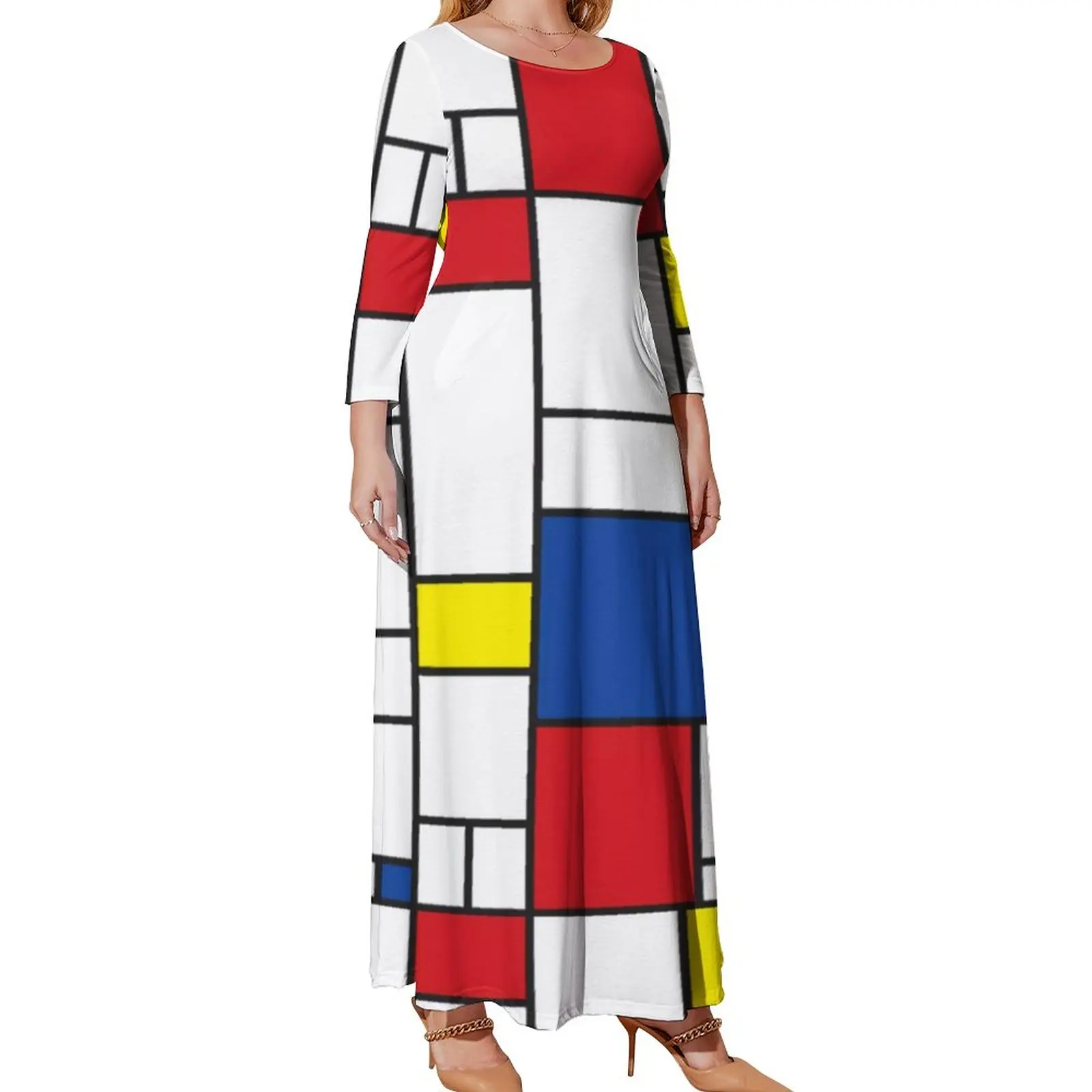 

Colorful Geometric Print Dress Modern Art Streetwear Boho Beach Dresses Womens Long Sleeve Elegant Maxi Dress Plus Size Clothes