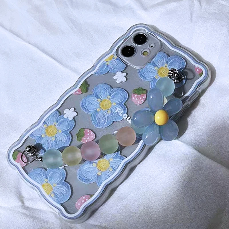 

Ins Blue Flower Art Cute Strawberry Bracelet Wavy Silicone Soft Phone Case For Iphone X Xr 13 Pro Max Xsmax 11 12 Mini 7 8 Plus