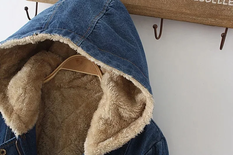 Fleece Thickened Hooded Drawstring Denim Mid Length Cotton Parkas Coat Winter Women's New Denim Hooded Coat Female Vintage Coat