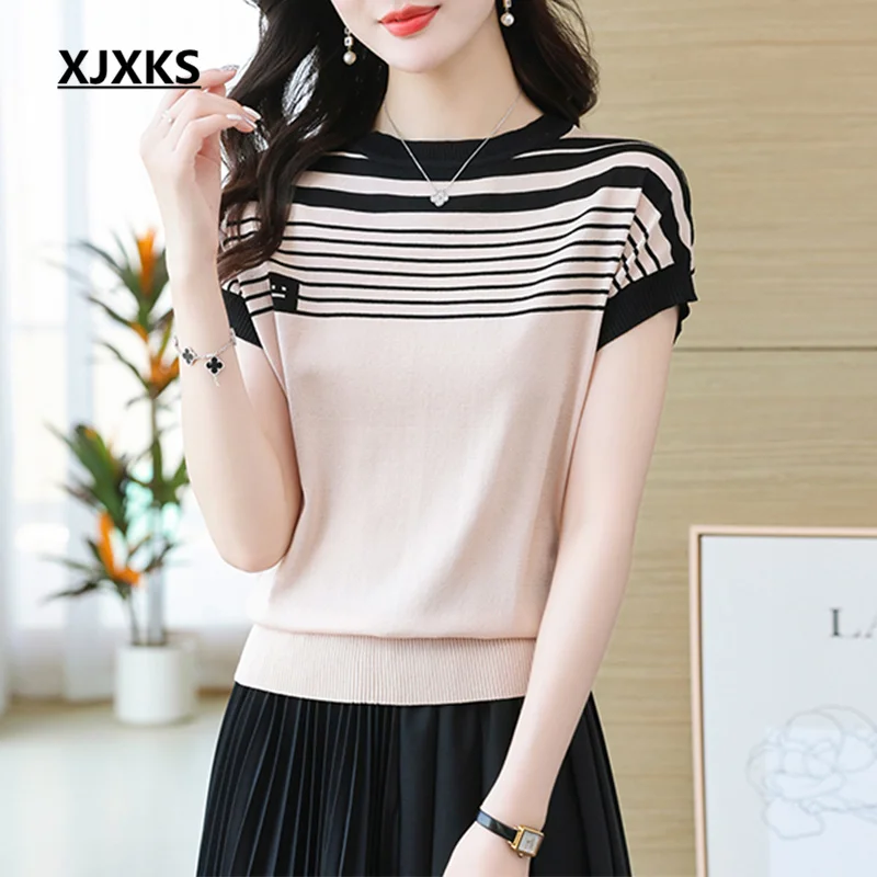 

Женская футболка в полоску XJXKS, трикотажная футболка из шелка тутового шелкопряда с круглым вырезом и короткими рукавами «летучая мышь», лето 2023