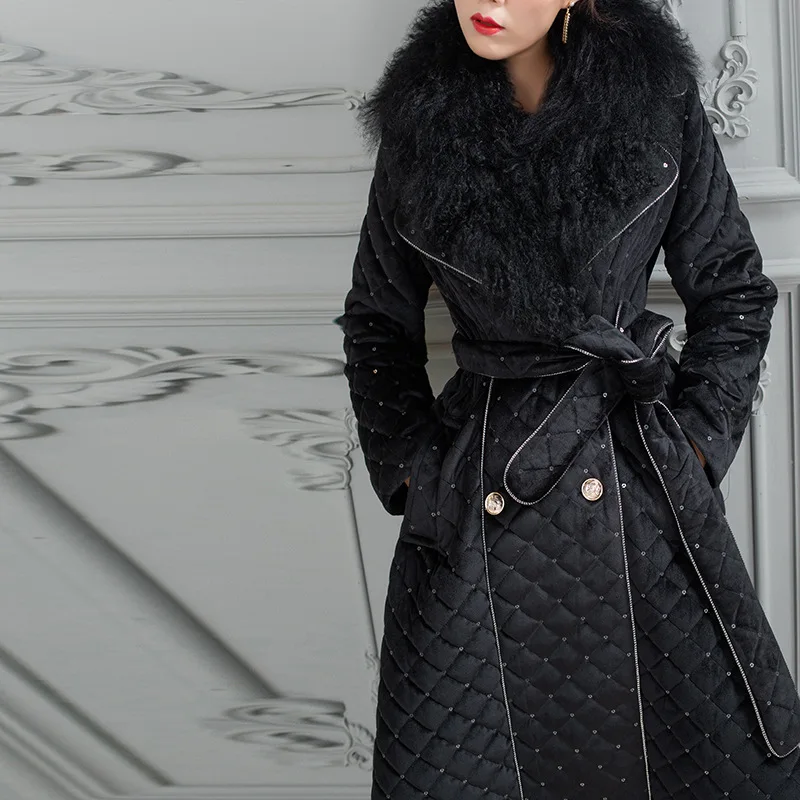 

Women Winter Ultra Long Thick Cotton Jacket Warm Cotton Padded Double Breasted Detachable Fur Collar Coats