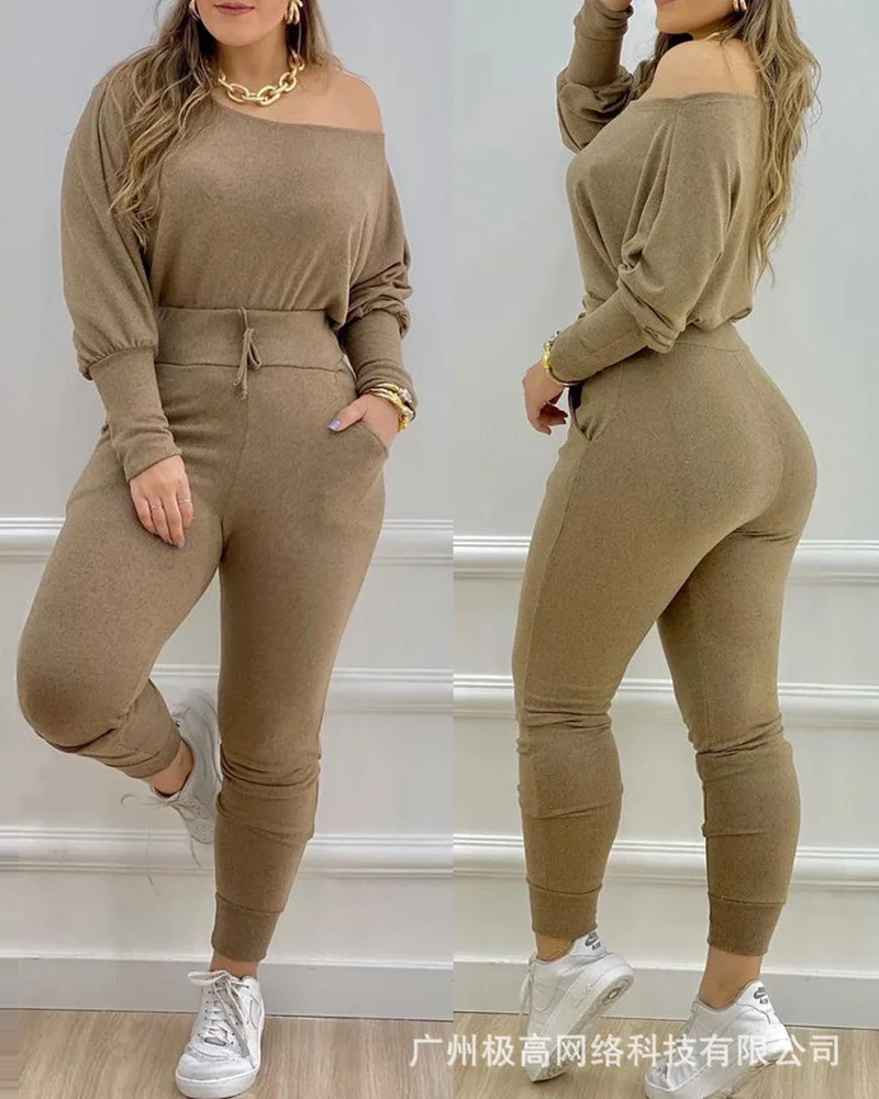 

Casual Two Piece Solid Set Women 2022 Autumn Fashion Long Sleeve Tracksuits Women Ladies High Waist Pants Suit