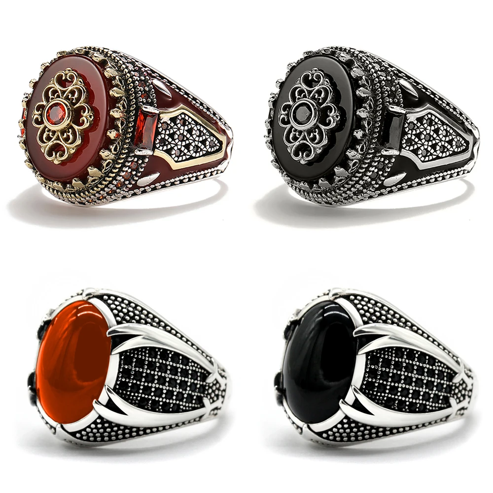 

Retro Handmade Islamic Men Ring Vintage Turkish Double Swords Black Red CZ Stone Ring Punk 2021 Trendy Religious Muslim Jewelry