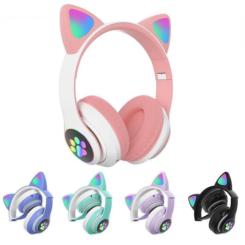 

Беспроводная гарнитура с кошачьими ушками, Bluetooth-наушники со вспышкой в виде кошачьих лап, стереонаушники, игровые наушники для девочек с ми...