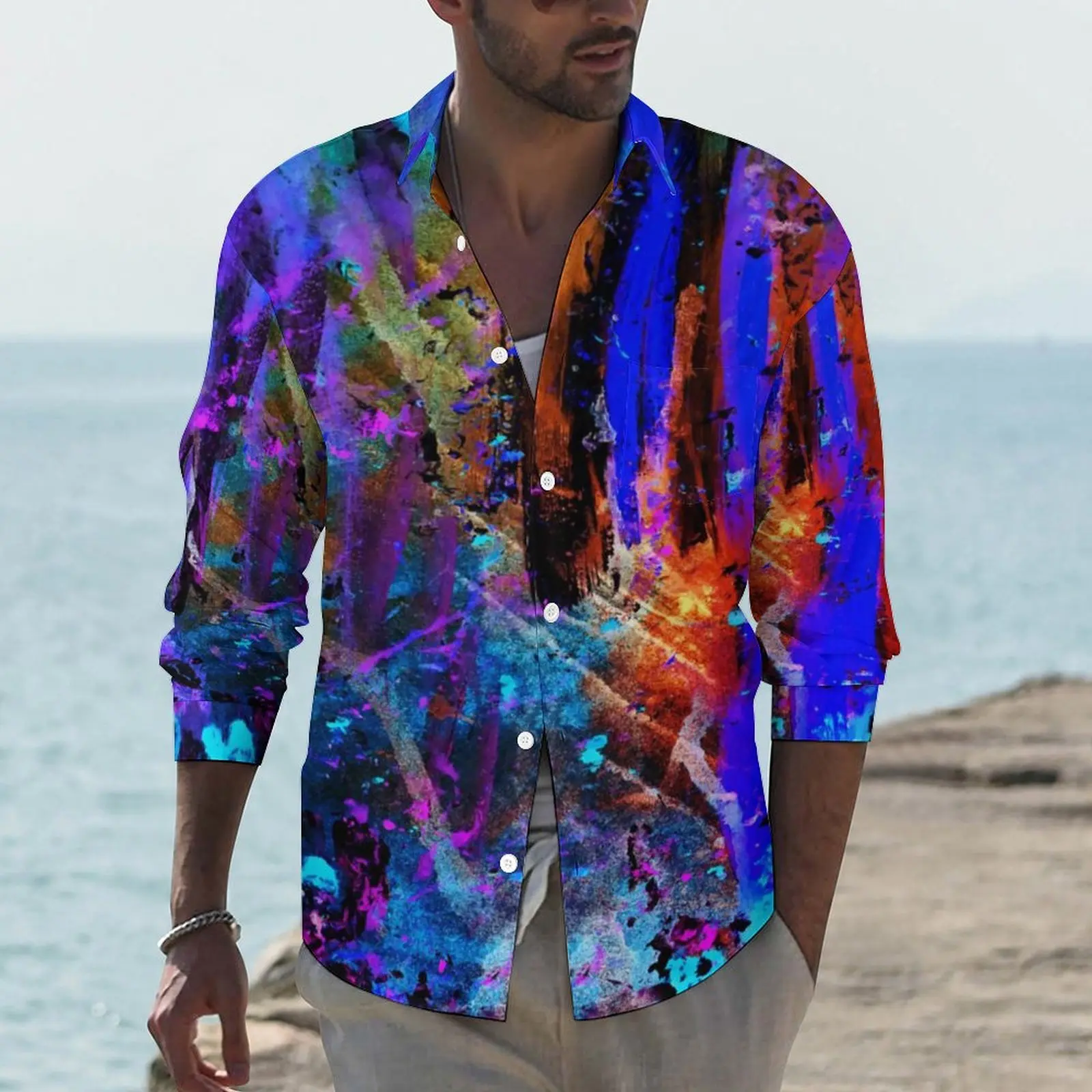 

Рубашка оверсайз с разноцветным абстрактным принтом, Повседневная Блузка с длинным рукавом и графическим принтом в стиле граффити, Весення...