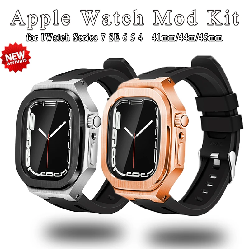 

44mm 45mm Modification Kit Metal Steel Luxury Case Bezel for Apple Watch Band Mod Kit Rubber Strap for Iwatch Series 7 SE 6 5 4