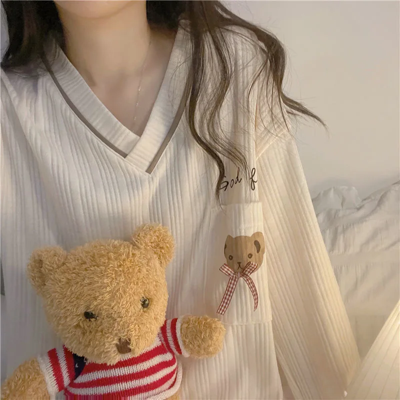 Korean style Women Pajama Sets Spring Autumn Long Sleeve Bear Print Nightwear Loose Elegant Pyjamas Female Leisure 2-piece