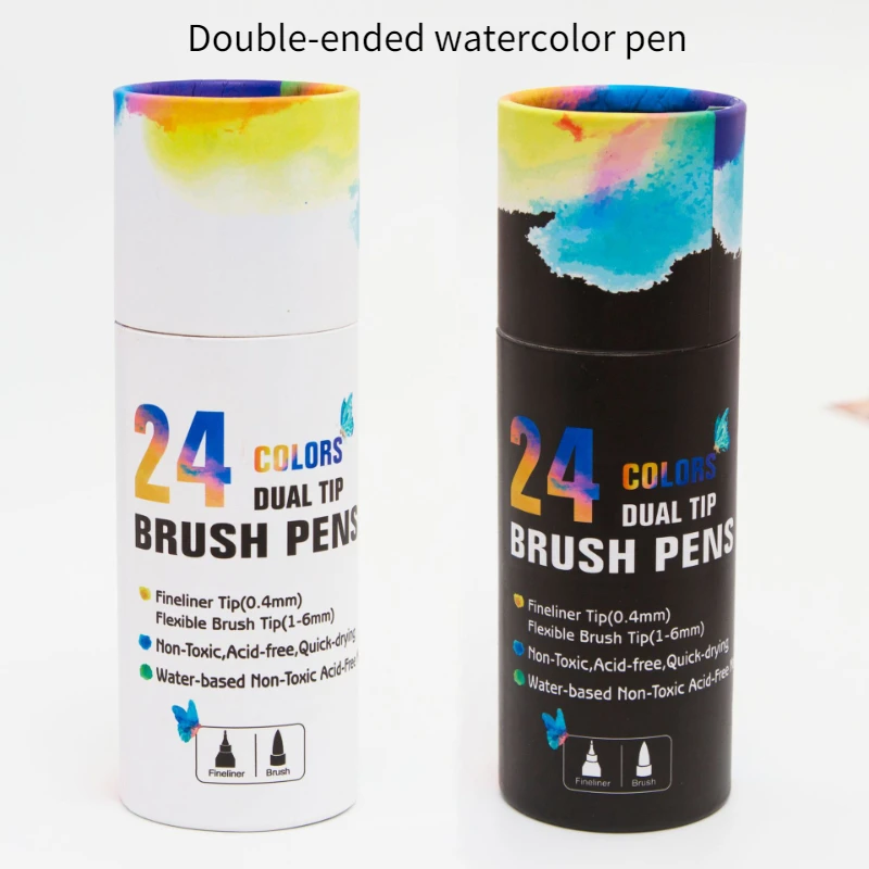 24-color Double-headed Watercolor Pen Barrel Soft Brush Head Hook Thread Head Student Art Graffiti Water-based Painting Pen