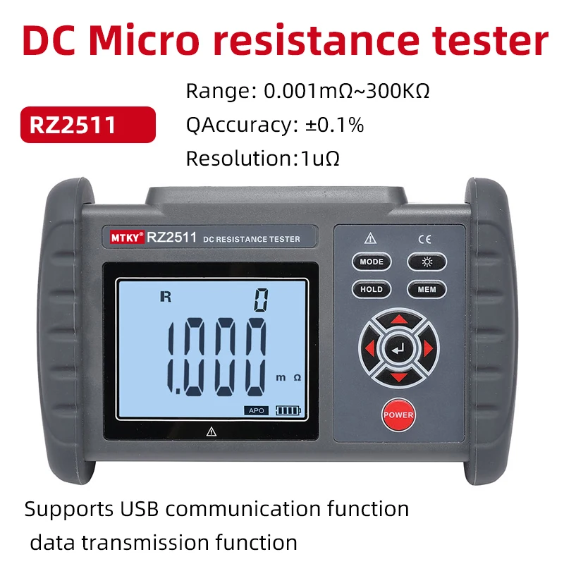 

MTKY RZ2511 DC low resistance tester high-precision micro ohmmeter milliohmmeter 300kΩ Portable Handheld Data storage function