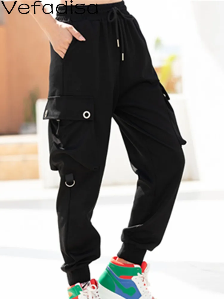 Vefadisa 2022 Spring Autumn Elastic Waist Casual Pants Loose High Waist Pocket Splicing Solid Color Harem Pants Women's LHX3676