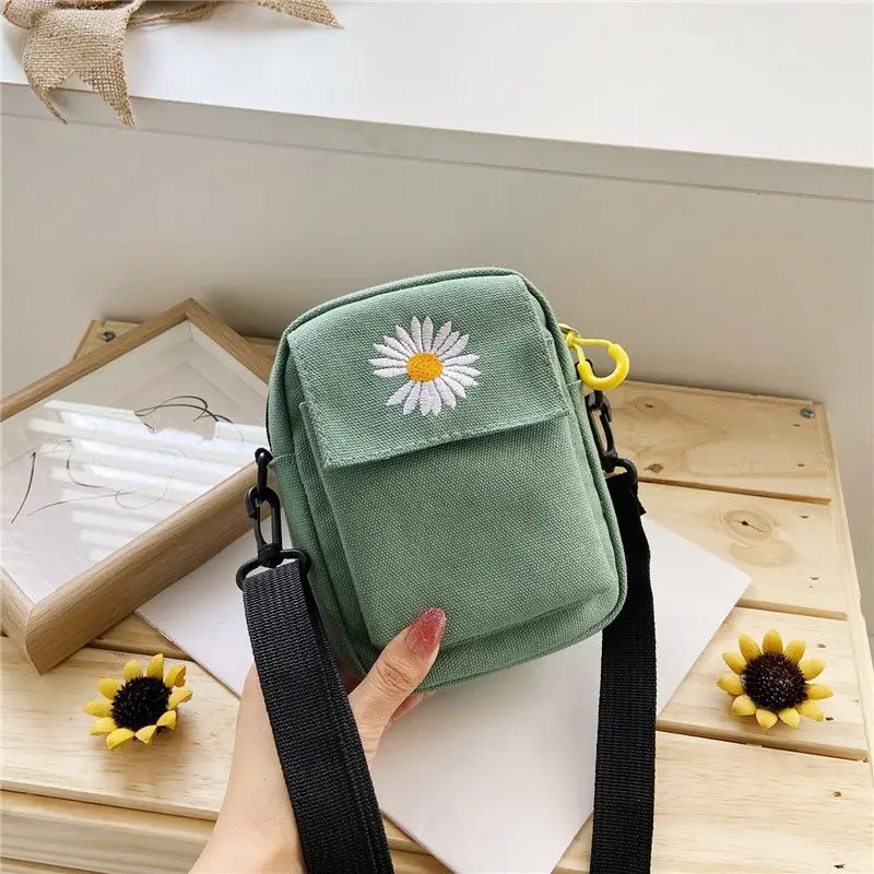 Single Shoulder Bag Fashion Solid Color Casual Handbag Outdoor Daisy Canvas Handbag Zipper Cross-body Bag Messenger Bag Women