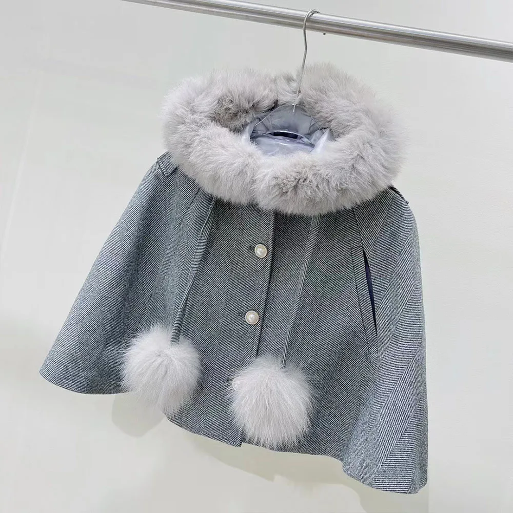 

Designer children's wear girls' cloak wool senior sense autumn and winter shawl hooded large wool collar baby girl thickened coa