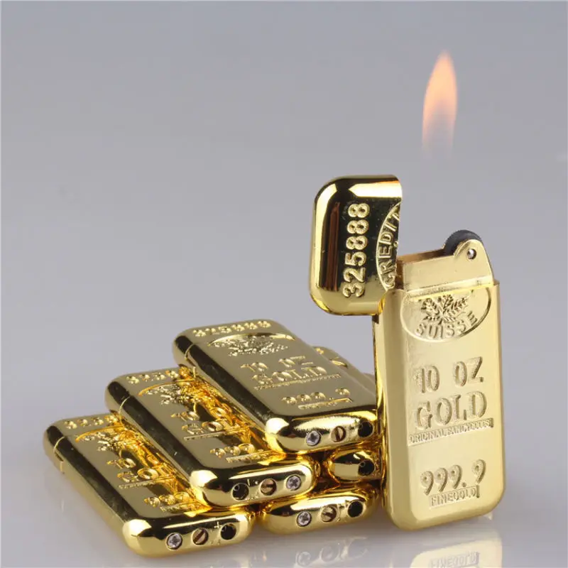 

Luxury Fancy Design Cigarette Lighter Open Flame Refillable Metal Gold Brick Butane Gas Lighter Support Wholesales