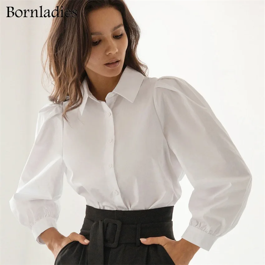 

Bornladies Spring Women Puff Sleeve 100% Cotton Shirt Long Sleeve Loose Woman Blouse Elegant Ladies White Shirts 2021 Basic Tops