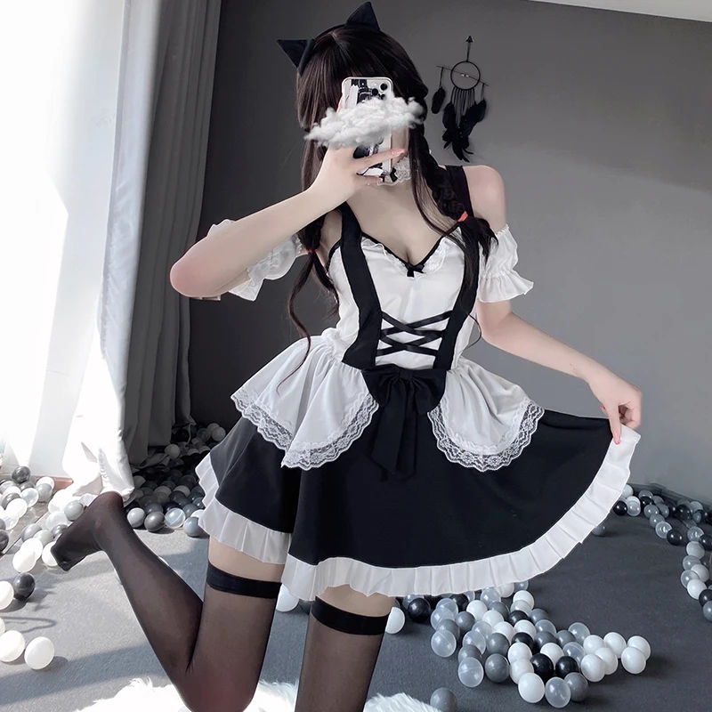 Jimiko Lolita Dress Female Kawaii Cosplay Costumes Roleplay Maid Uniform Sex Game Play Set Sexy Lingerie Black and White Dresses