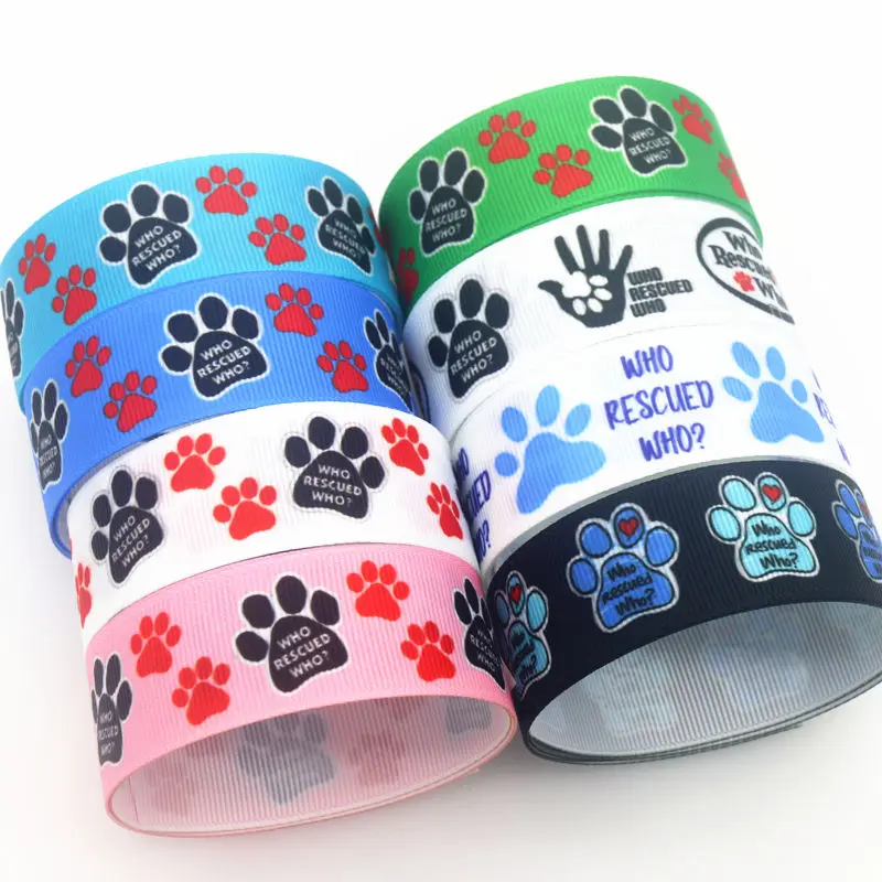 

DHK 50yards dog paw who rescued who Printed Grosgrain Ribbon Accessories Material Headwear Decoration DIY Sewing Craft S1784
