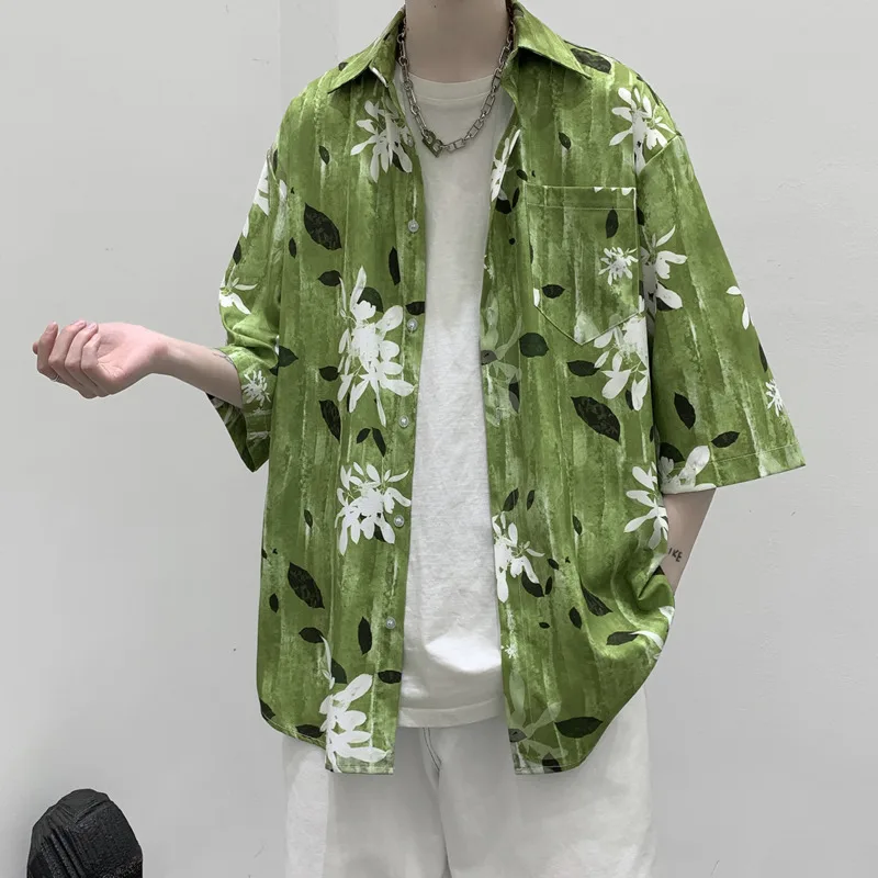 

Summer Flower Shirts Men's Fashion Printed Casual Shirts Men Korean Loose Oversized Short Sleeve Shirts Mens Hawaiian Shirts