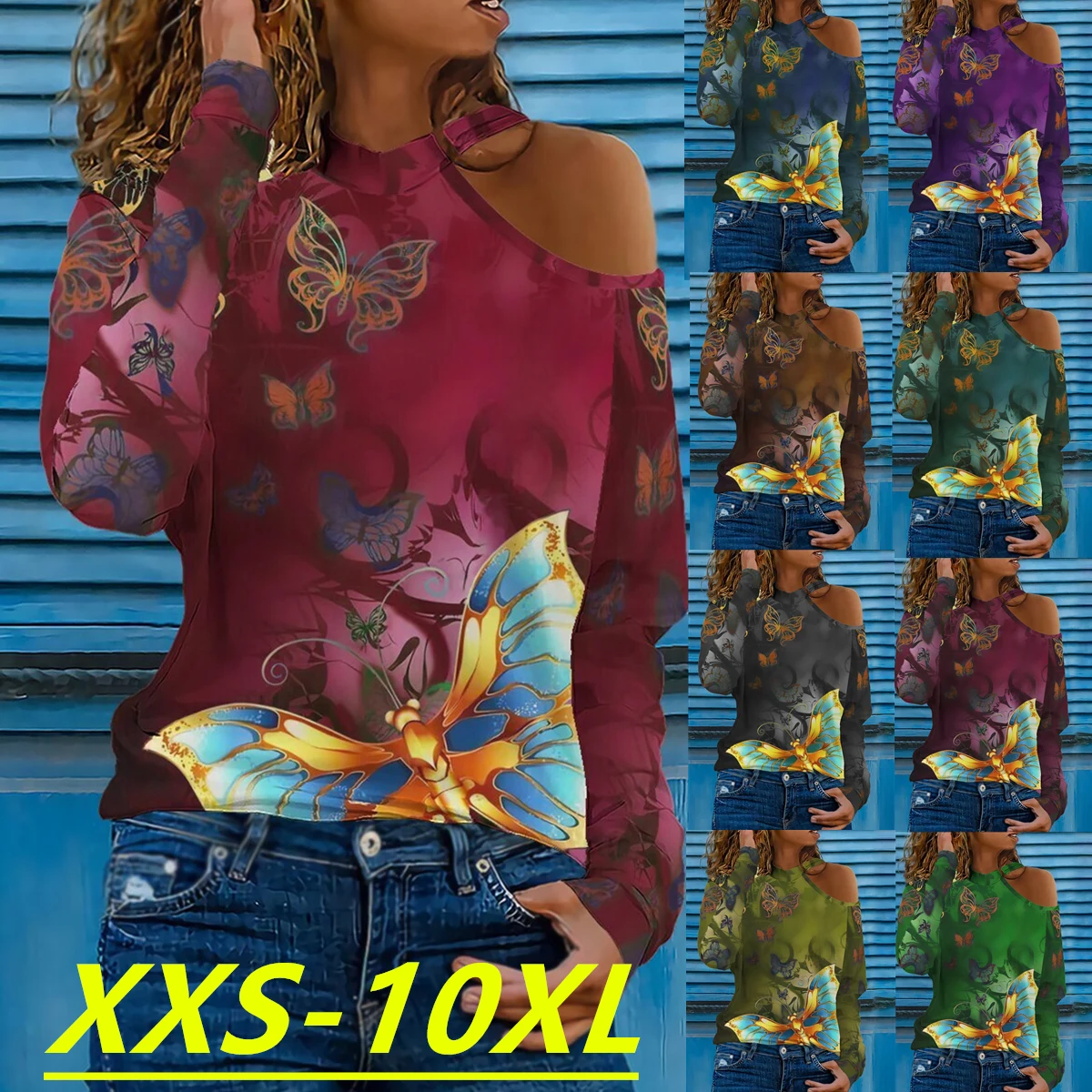 

Осень/Зима 2022, Модный женский топ с принтом бабочки, круглым вырезом, открытыми плечами и длинным рукавом, повседневный женский топ большого...