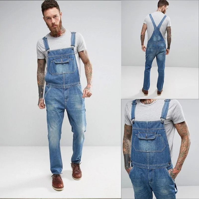 Men's Vintage Denim Jeans Trousers Casual Pant Overalls Pocket Stitching Strap Jumpsuits Loose Workwear Straight Cargo Pants Man