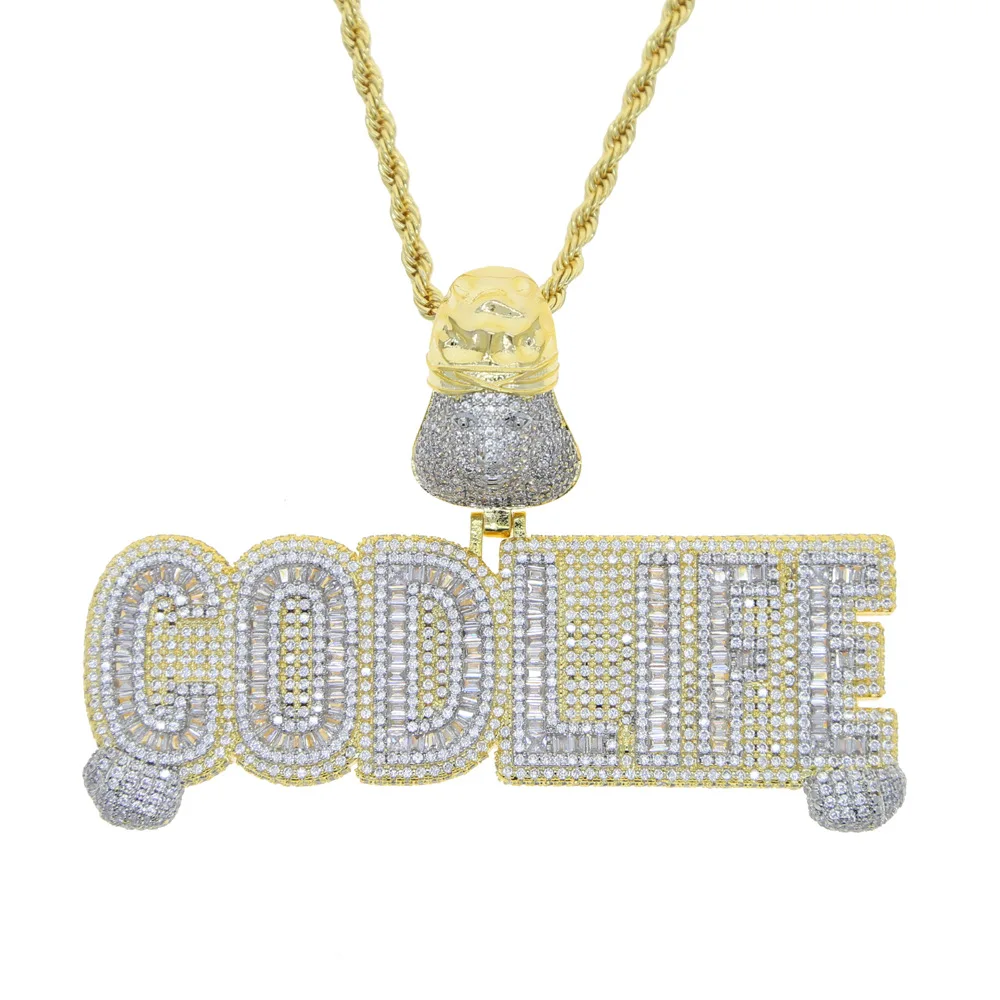 

New Iced Out Bling CZ Letter God Life Pendant Necklace Rectangle 5A Cubic Zirconia Religion Jesus Men Women Hip Hop Jewelry