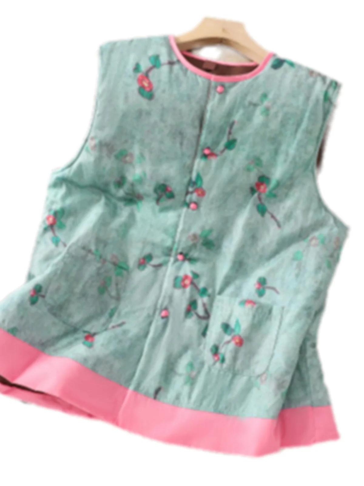 New Chinese Sle Buckle Quilted Vest Women 2024 Winter Retro National Zen Print Waistcoat Cotton-padded jacket Top