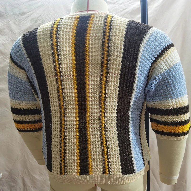 Mens Striped Knitted Sweater Pullover Tops Fashion Autumn  Half Sleeve Street Blouse Hollow Out Loose Casual Jacquard Tops