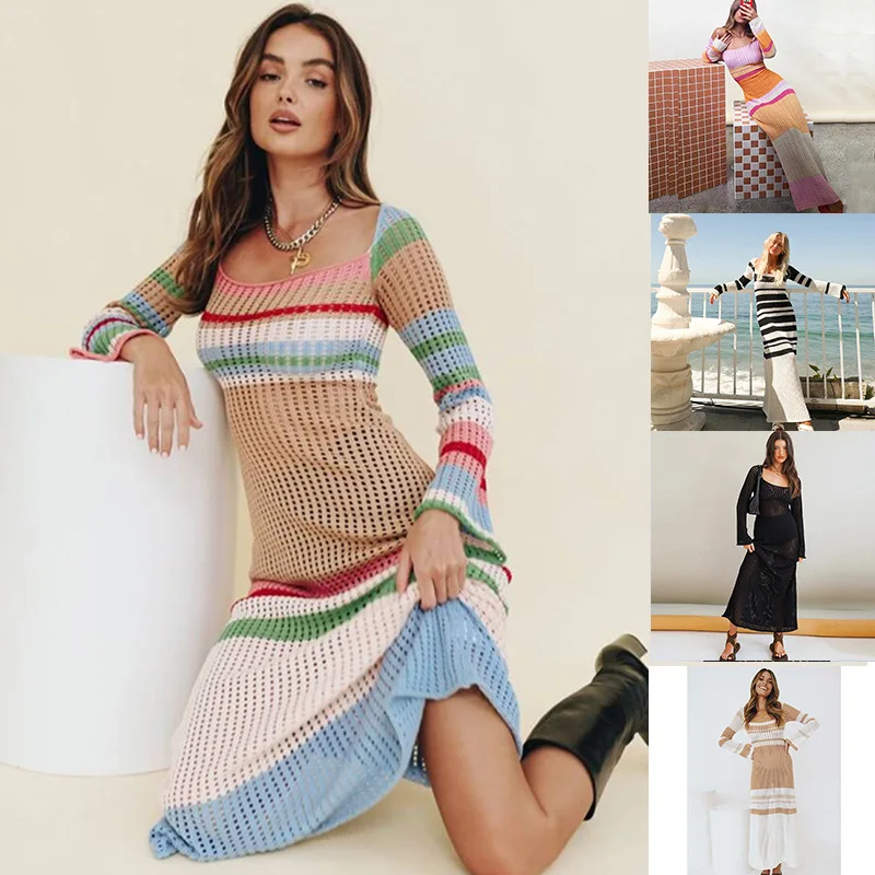 

2022 Fashion Spliced Flare Long Sleeves Sexy Square Collar Mesh Dress Outfits Women Party Club Summer Midi Dresses Beach