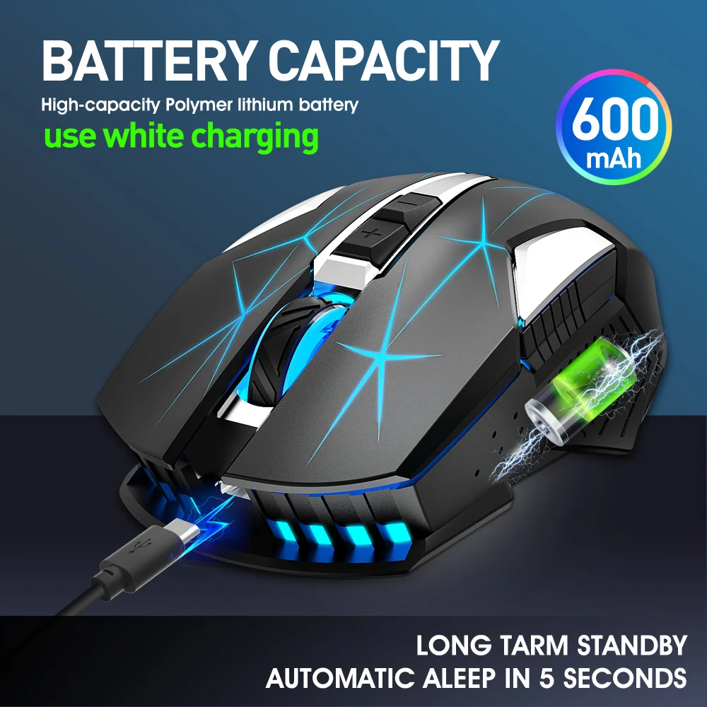 Фото Горячая Распродажа HXSJ T300 2,4G 600 мАч перезаряжаемая цветная RGB компьютерная мышь для ноутбука 7 кнопок оптическая Беспроводная игровая мышь для ноутбука №2