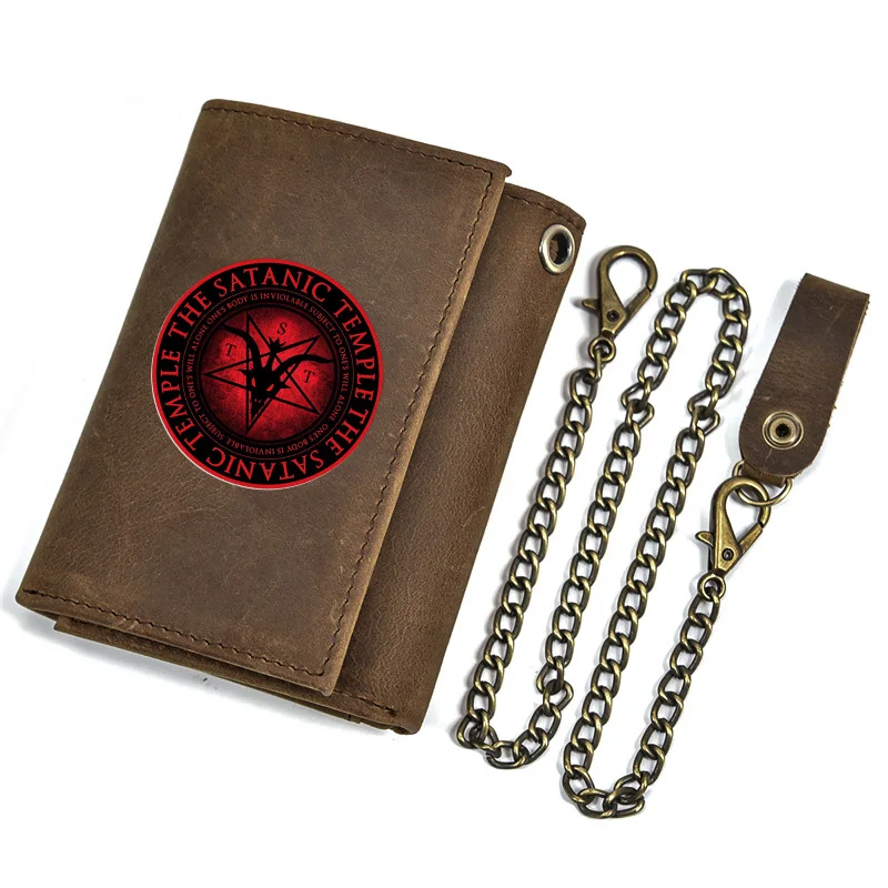 Classic Men Genuine Leather Wallet Anti Theft Hasp With Iron Chain The Satanic Temple Cover Card Holder Rfid Short Purse