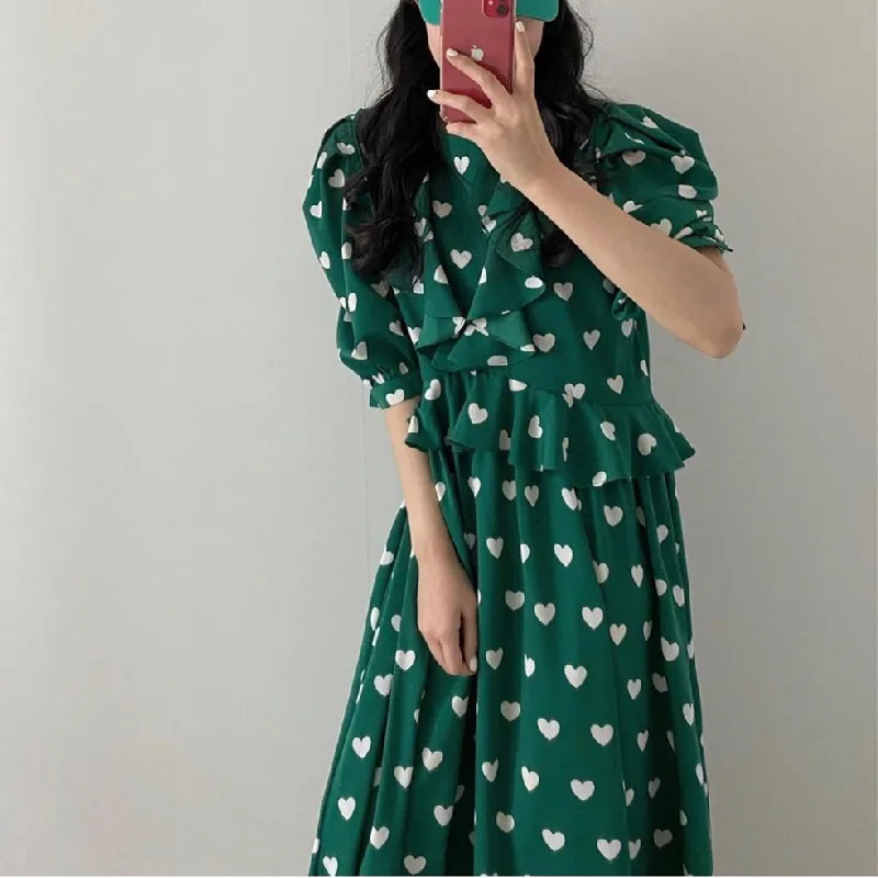 

Summer Vintage Short Sleeve Dresses for Women 2023 Chic Ruffle Trim O-neck Loose Casual Printed Long Dress Elegant Sundress