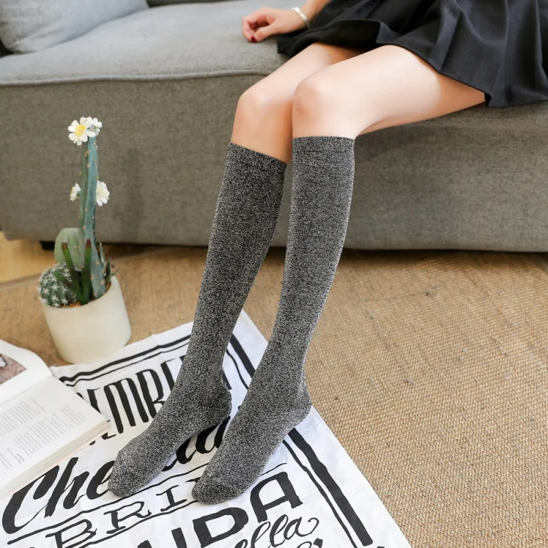 2018 Spring and Summer New Knee Length Socks Student Socks Silver Silk Women's Mid Tube Stockings over Knee Lace Calf Socks