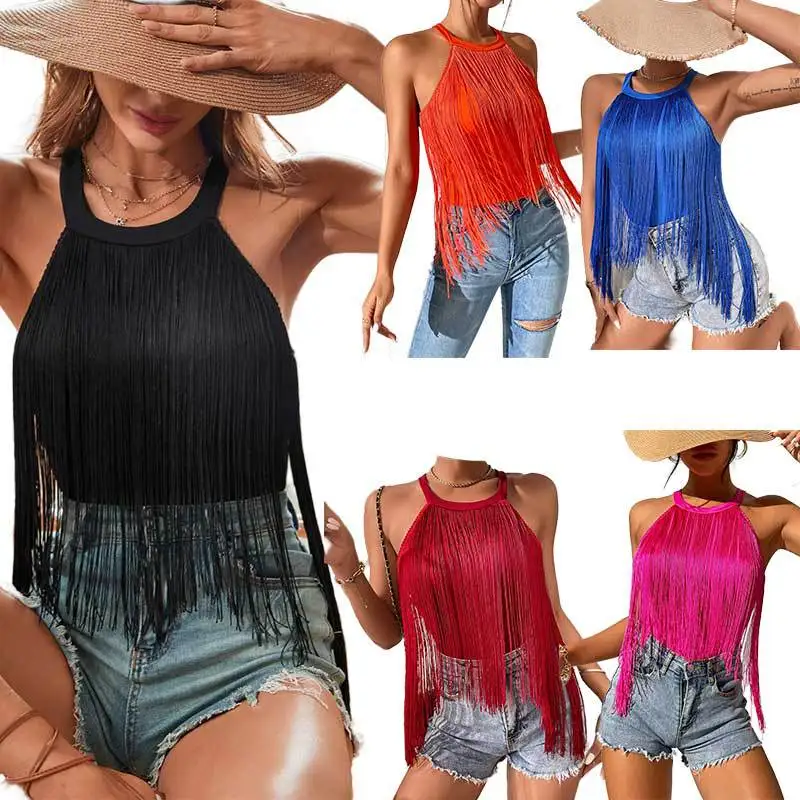 

Sexy Tassels Women's Halter Crop Top Women Fashion Sleeveless Short T-shirt Top 2023 Summer Female Chic Street Tees Top