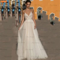 sexy v neck wedding dresses 2022 spring tulle spaghetti straps lace appliques sleeveless backless bridal gowns vestido de noiva