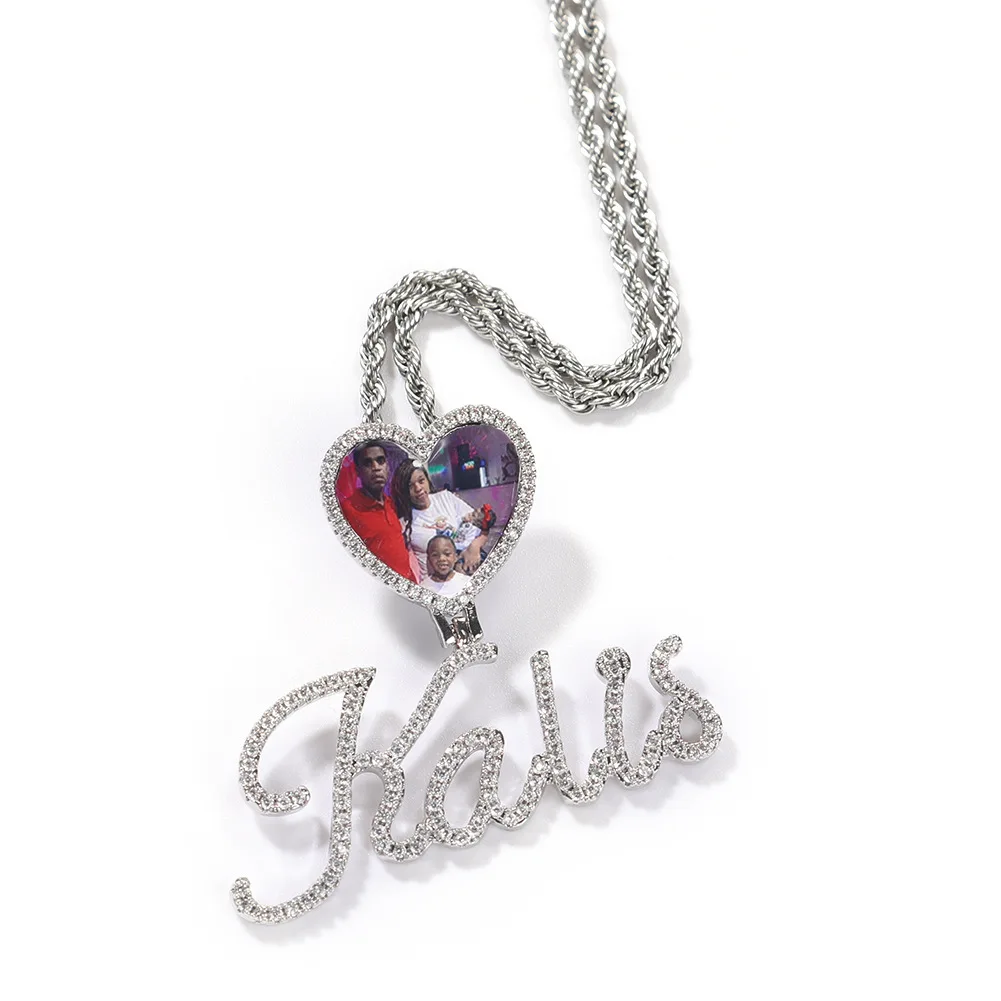Hip Hop Jewelry Custom Name Photo Pendant Heart Hook Necklaces Pictures Pendants Cubic AAA Cubic Zirconia Micro Paved Chain