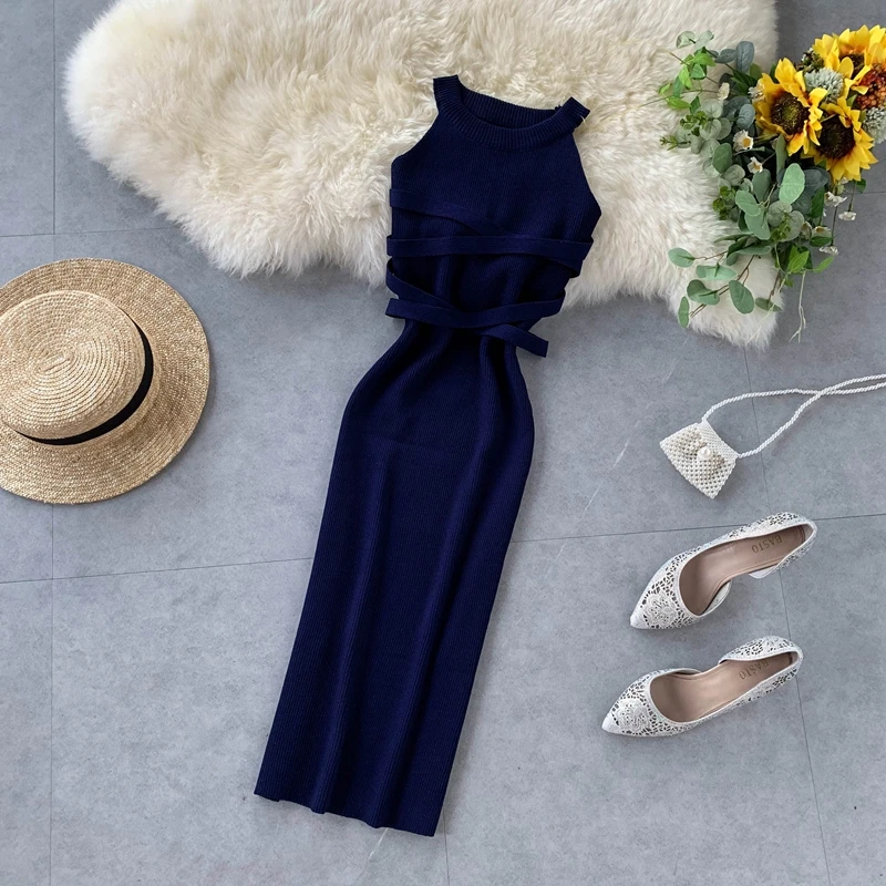 

Cross straps high waist slimming dress women 2021 new summer White