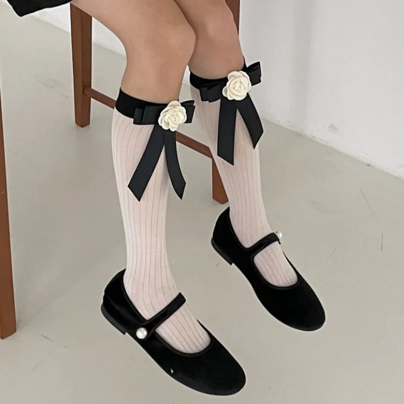 

Lolita JK Bow Lolita Socks Camellia Long Socks Calf Jk Socks Female Summer Thin Socks Harajuku Accessories Knee High JK Socks