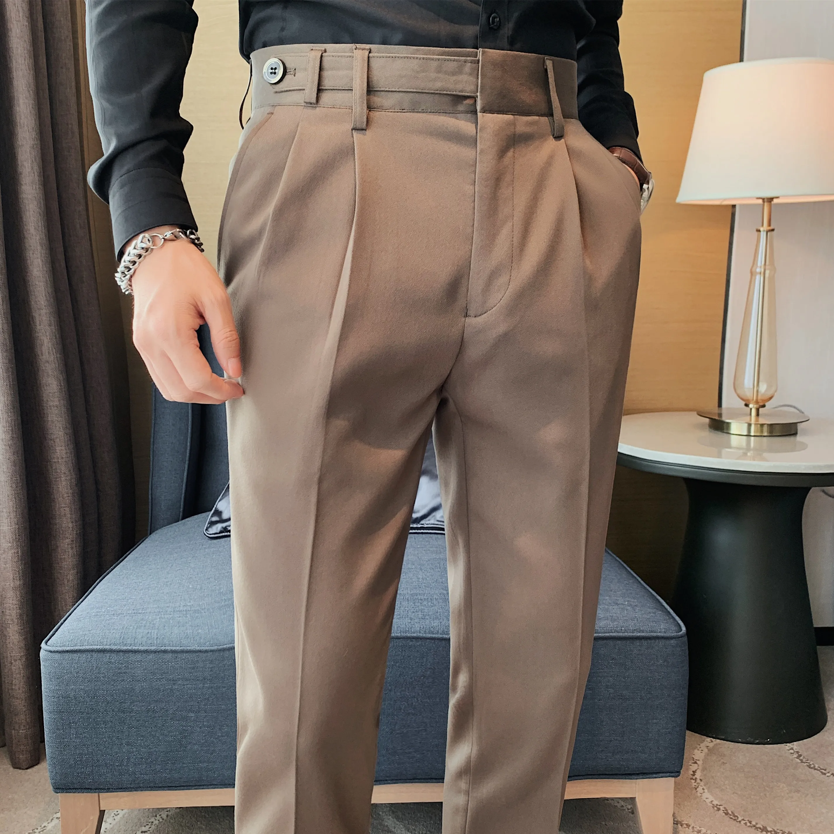 

Dress 2022 Dress Design Casual Waist Formal Pants Social Men 29-36 Office Party Men Suit Belt High Pant Trousers Wedding Slim