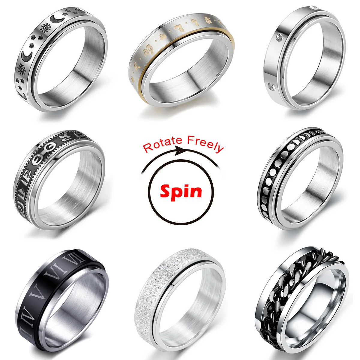 

Вращающееся кольцо-Спиннер для мужчин и женщин, мужские кольца-антистресс для беспокойства, из нержавеющей стали, кольцо-Спиннер с Луной и з...