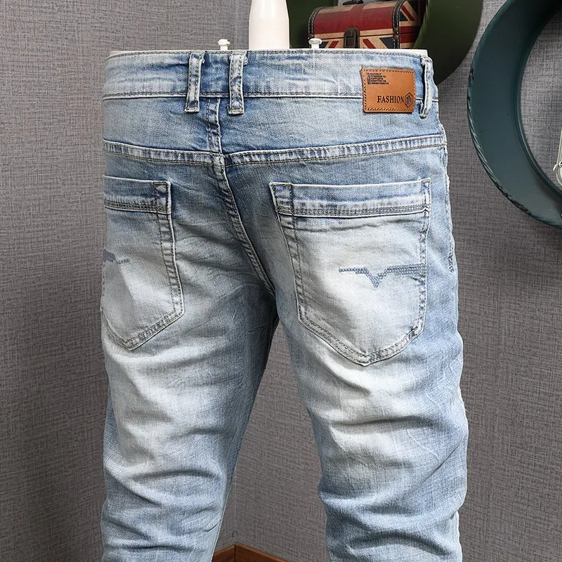 Fashion Designer Men Jeans Retro Light Blue Elastic Stretch Slim Fit Patched Ripped Jeans Men Korean Style Vintage Denim Pants