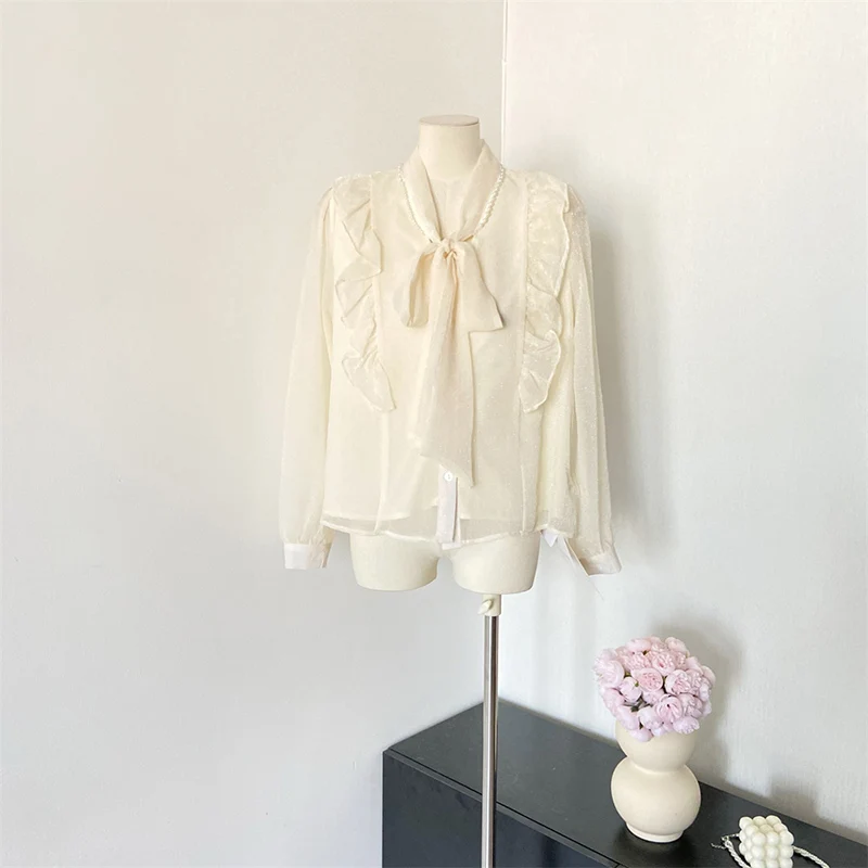 Модная женская рубашка в Корейском стиле однотонная кружевная с
