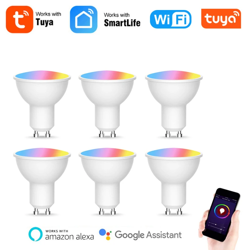

Лампа светодиодная Tuya WiFi GU10, 4 Вт, RGB + CW, беспроводное управление через приложение