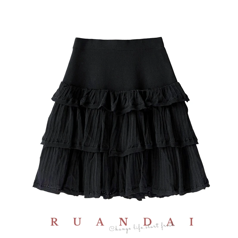 Solid Color Mini Short Sleeves for  2022 Summer New High Waist Pleated Layer Cake Type Knitted Skirt Women