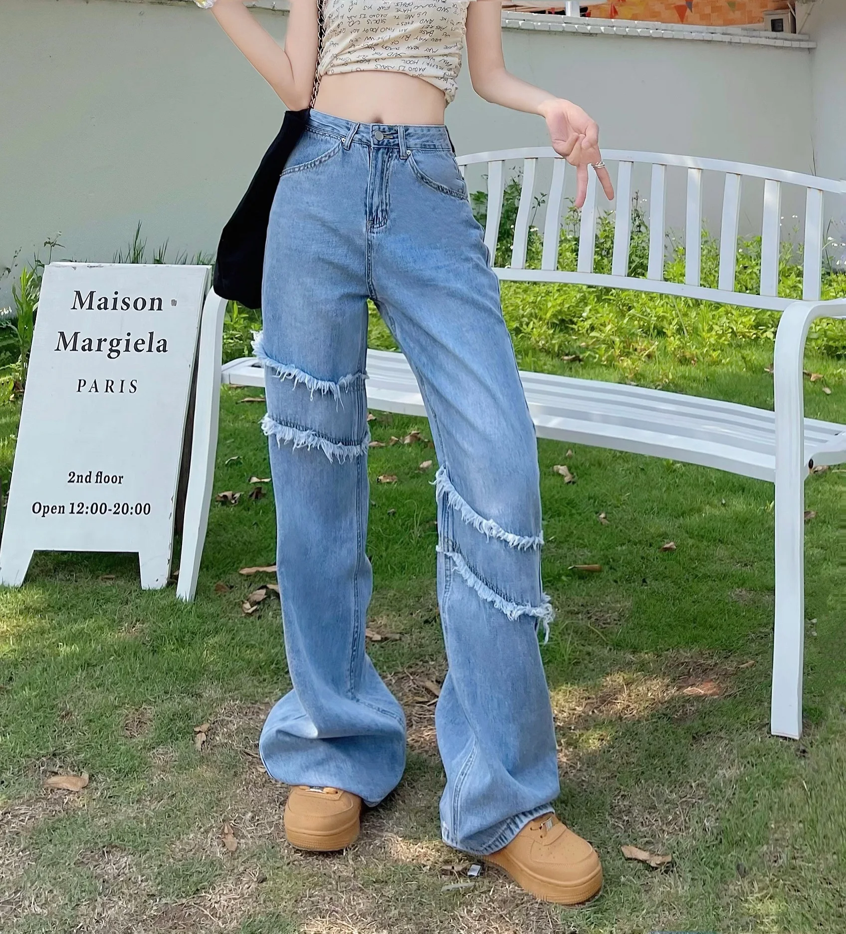

SuperAen Street Style Splicing Light Color Denim Pants Women's 2022 Summer New High Waist Loose Straight Jeans
