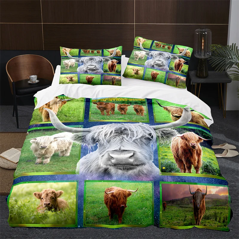 

Highland Cattle Cow Print Bedding Set Western Farm Animal Duvet Cover Set Geometry Grids Patchwork Comforter Cover Pillowcases