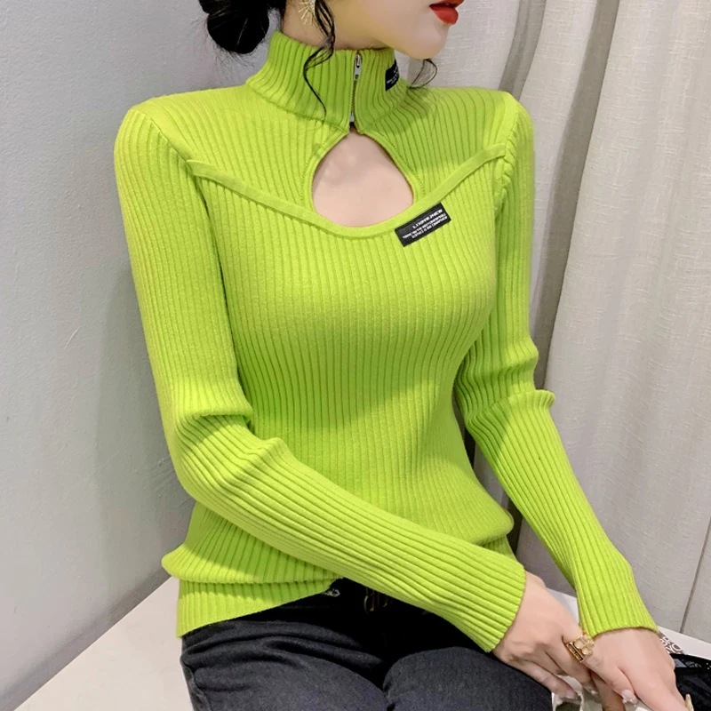 

Long Sleeve Knitted Sweater Pullovers Girls Winter Autumn Hollow Out Turtleneck Tops Jumpers Women Base Slim Knitwear