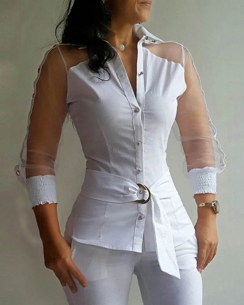 

Женская новая модная футболка 2023, белая прозрачная сетчатая комбинированная Облегающая рубашка с узким переплетением и поясом