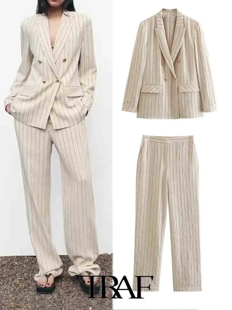 

TRAF 2023 Woman 2 Piece Set Blazer Pants Suit OL Pinstripe Double Breasted Blazer+Pinstripe Pants Causal Outfits