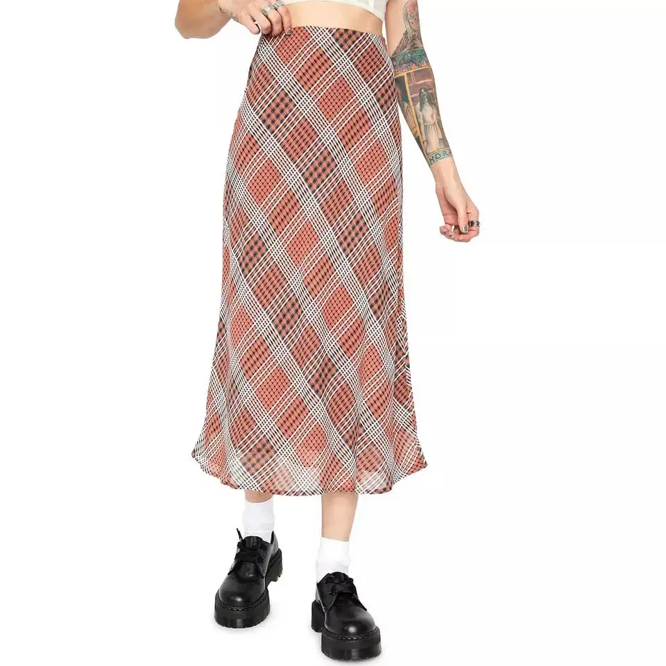 

Women Midi Skirt Fashion Print Plaid Elastic High Waist Skirts Mesh Two Lay Boho Y2K Streetwear Harajuku Party Bodycon 90s Skirt