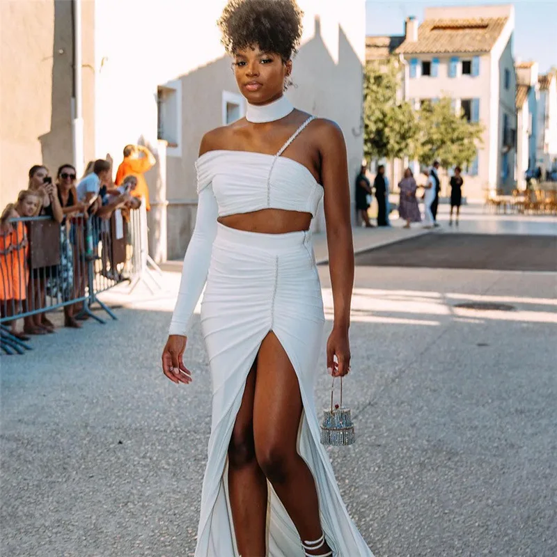 

Однотонный Белый Вечерние из 2 предметов, вечернее платье на бретельках, женский укороченный топ на одно плечо с длинным рукавом, юбка макси ...