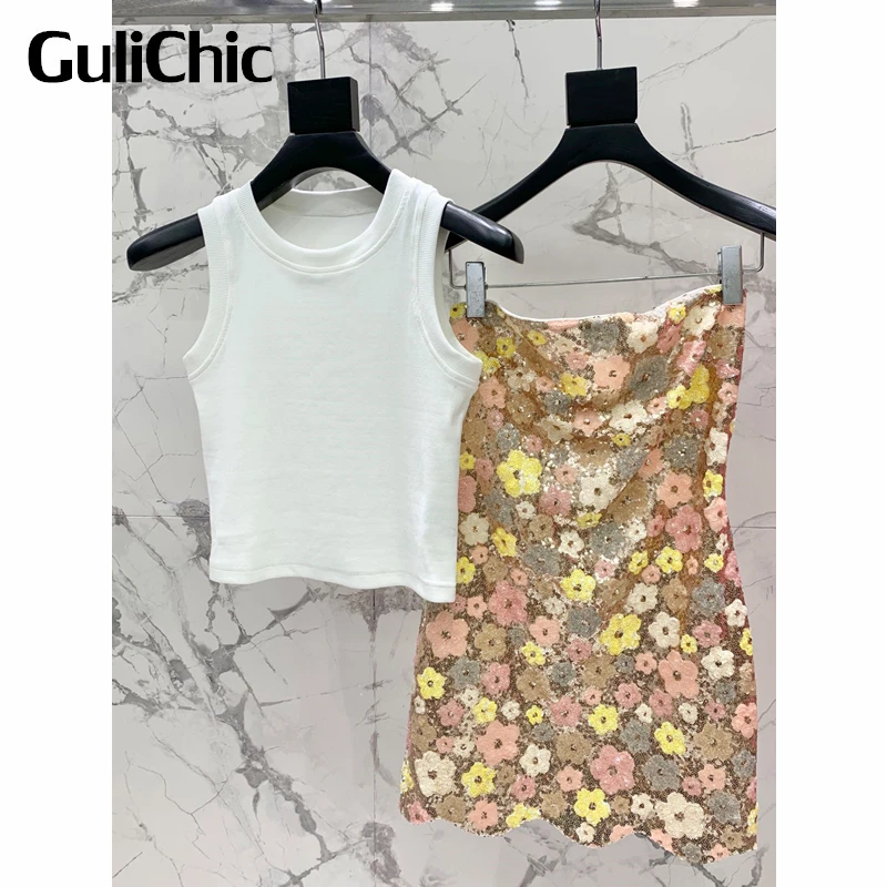 

6.16 GuliChic Women Beach Holiday Birthday Dinner Sequins Flowers Slim Strapless Mini Dress + White Tank Top 2 Piece Set